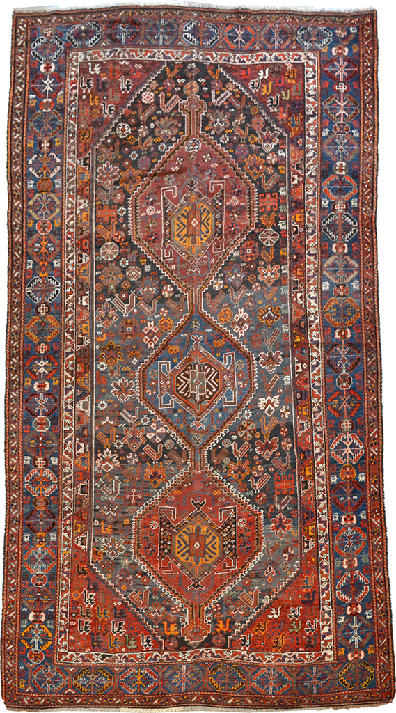 Antique Qashqai Neriz Persian Pure Wool Area Rug Red Blue Gold