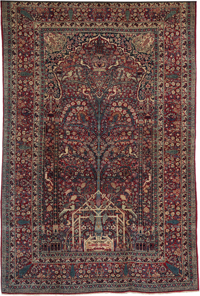 Antique Tehran Persian Area Rug 1900 Tree of Life Red Blue Cream Pink Handknotted in Pure Wool