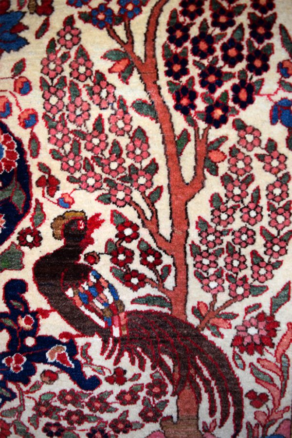 Antique Isfahan Carpet with Birds and a Tree of Life Cream with Pink Blue and Red in Pure Wool