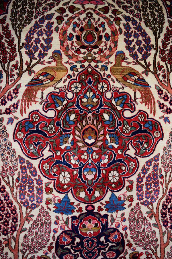 Antique Isfahan Tree of Life with Medallion and Birds Cream Handspun Wool with Blue and Red Designs