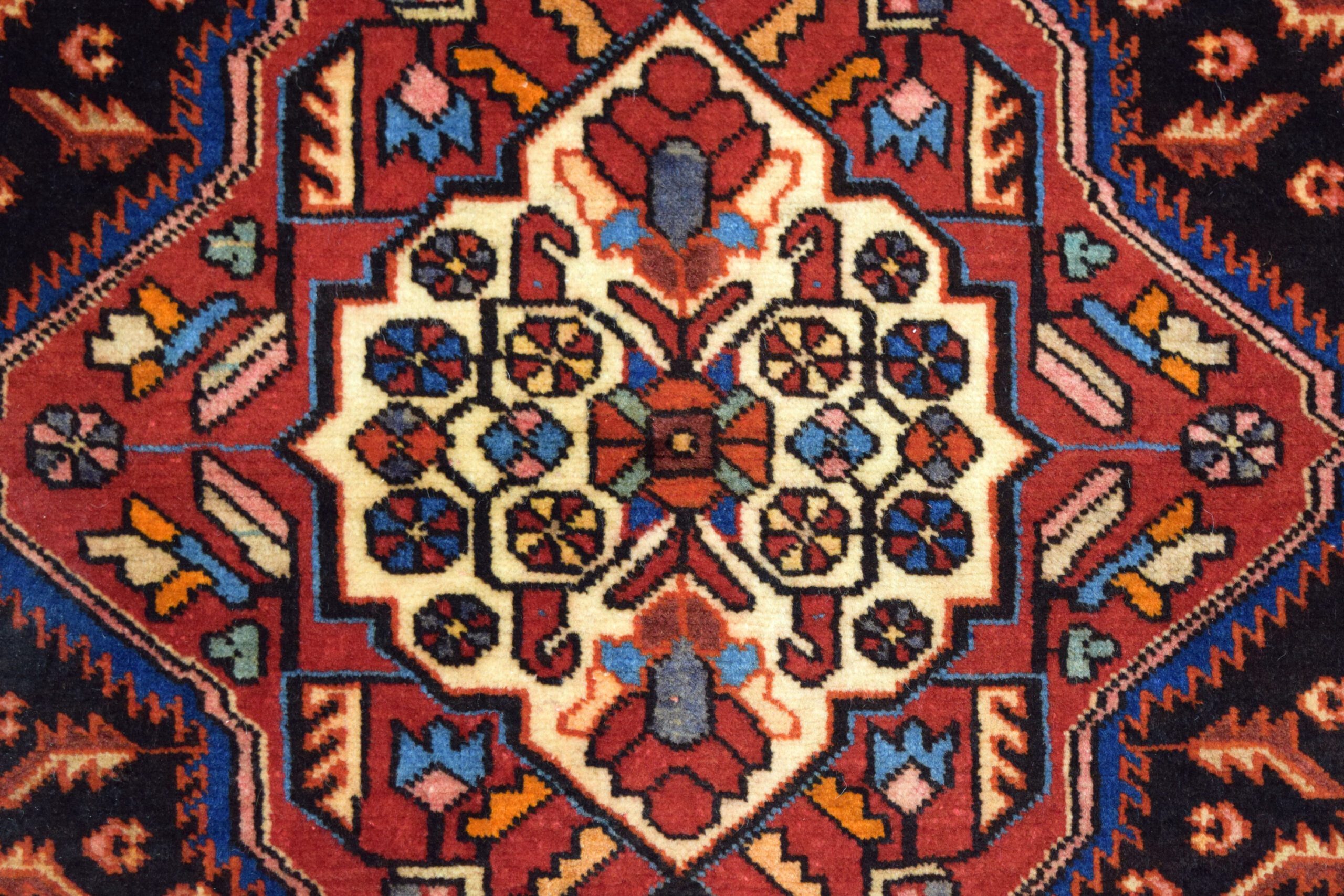 Vintage Hamadan Nahavand Persian Red Blue and Cream Medallion Carpet Center