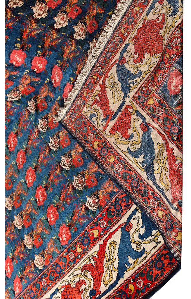 Senneh Antique Area Rug Blue and Red with Flowers and Cream Border Back