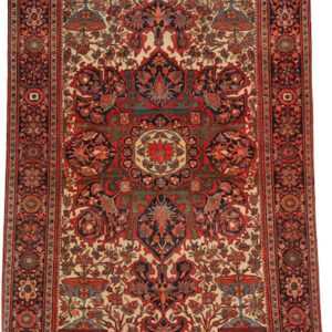 Antique Farahan Persian Area Rug in Wool in Red Green Blue and Cream with Medallion