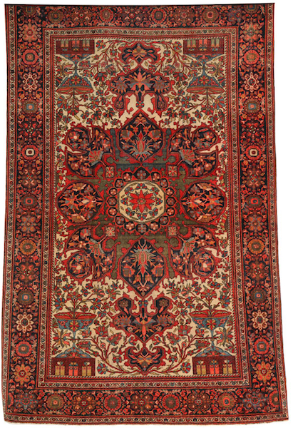 Antique Farahan Persian Area Rug in Wool in Red Green Blue and Cream with Medallion