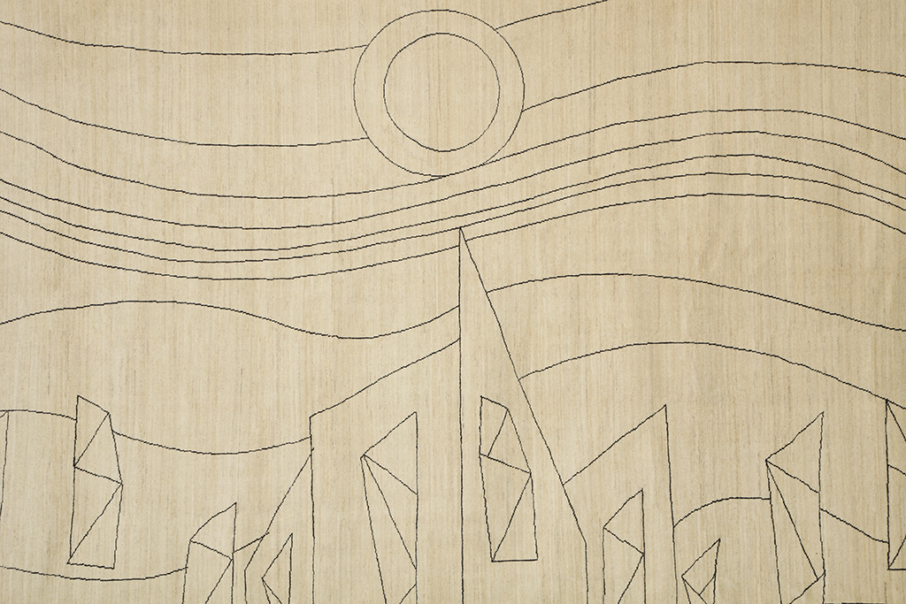 Section of Wool Cream Persian Carpet with Gray Lines Handknotted in Simple Tones