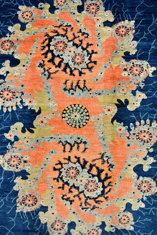 Rupture Galaxy Wool Persian Area Rug Abstract Medallion in Orange on Blue
