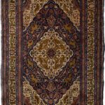 Antique Khoy Persian Green Cream Indigo Medallion Wool Tabriz Area Rug
