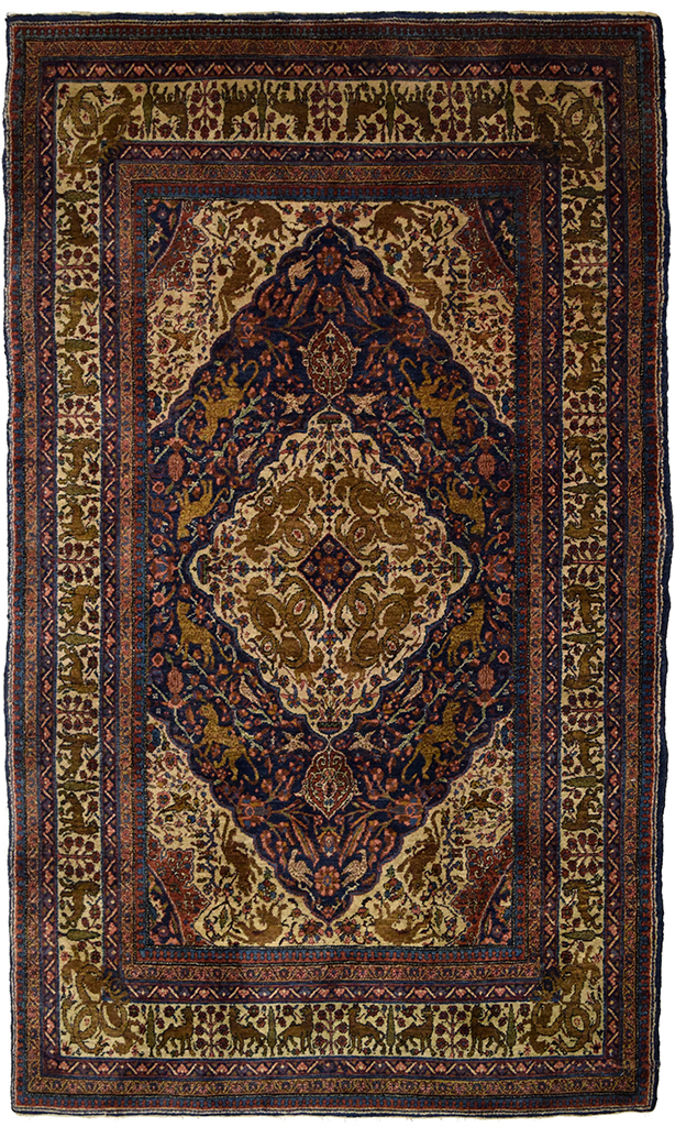 Antique Khoy Persian Green Cream Indigo Medallion Wool Tabriz Area Rug