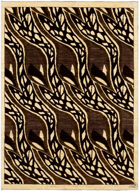 Persian Wool Area Rug Handmade Dancing Tulips Pattern Vegetable Dyed Artisanal Cream & Brown Art Deco Contemporary Design