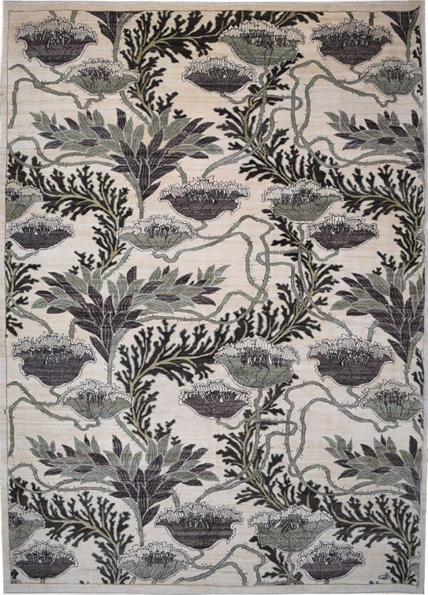 Green Cream and Gray Persian Pure Wool Area Rug Handknotted Asian Landscape Modern Art Deco Design with Vegetable Dyes