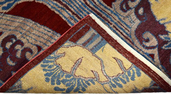 Timeless Persian rug with modern Art Nouveau design and modern color palette of red, blue, and gold from vegetable dyes back