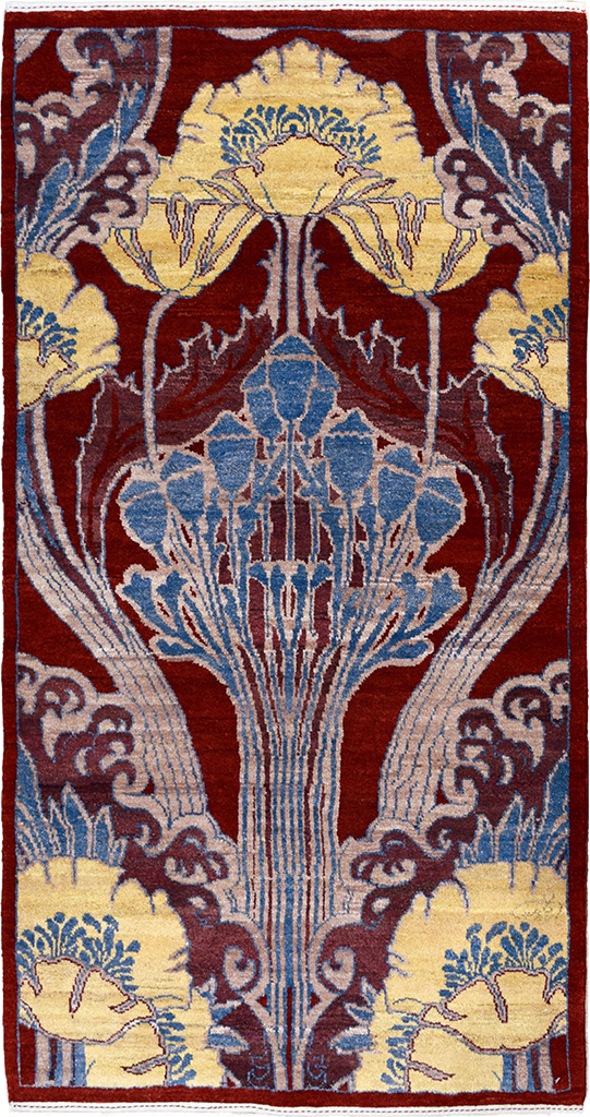 Chic hand-knotted sustainable artisan-crafted wool rug in burgundy blue and gold with intricate Art Nouveau-inspired pattern