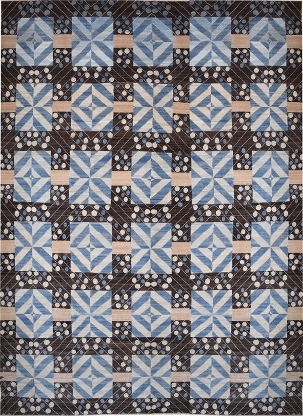 Arts and Crafts geometric quilt rug in pure wool using persian ancient handknotting techniques in vibrant blue and brown