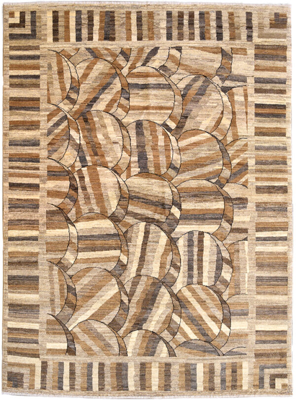 Modern design Persian rug handcrafted with wool from Persian fat-tailed sheep in cream brown and gray organic undyed wool