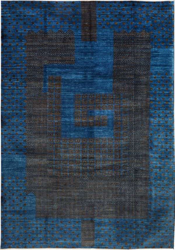 Architectural and geometric Art Deco design in brown on blue pure wool area rug contemporary and modern heirloom quality art