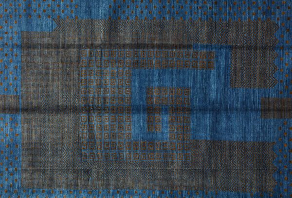 Handcrafted Labyrinth Persian carpet with Art Deco design in rich, natural colors of blue and brown from organic vegetable dyes