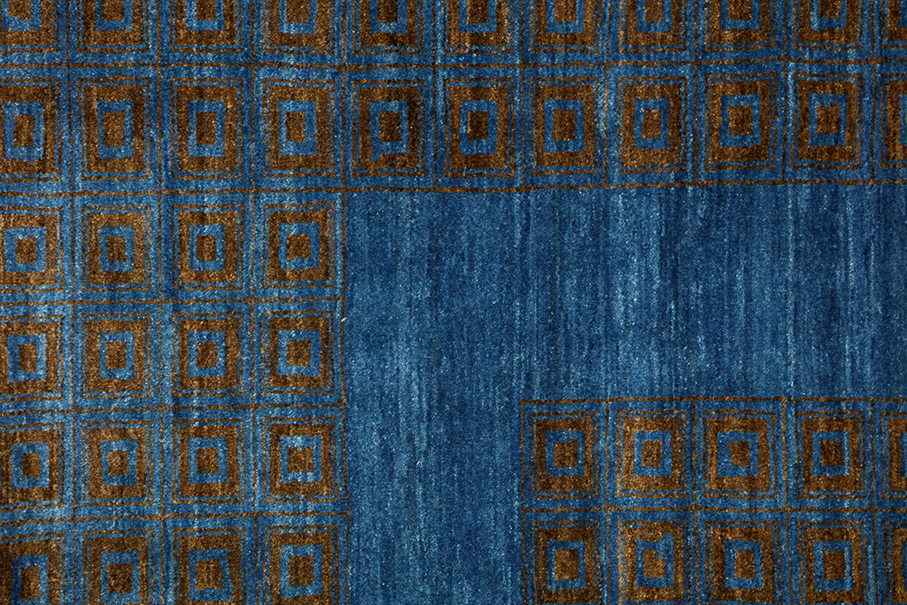 Luxury Persian Labyrinth carpet, organic materials, hand-knotted, vegetable-dyed, heirloom quality in blue and brown
