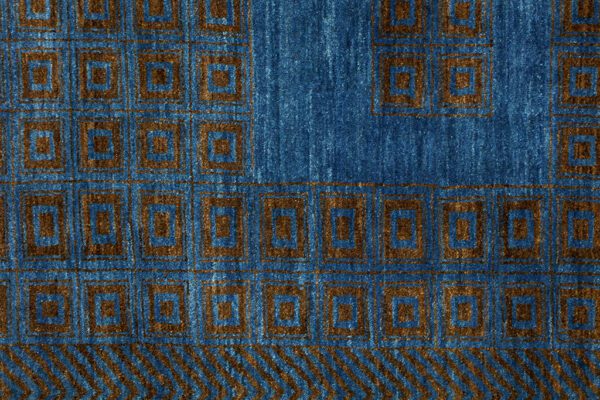 Fine handknotted Persian area rug in wool timeless architectural design in blue and brown from organic vegetable dyes detail