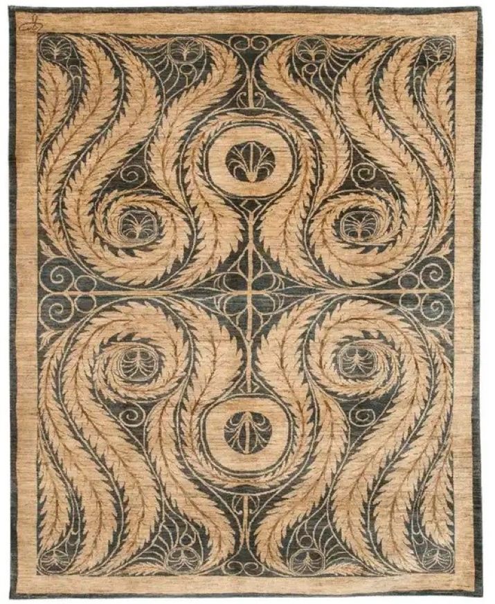 Arts and crafts style Persian carpet measuring 8' x 10'. Carpet is hand knotted in organic wool. Beautiful blue and cream wool.
