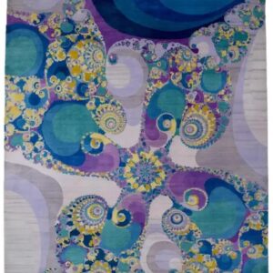 Luxurious abstract 8' x 10' hand-knotted Persian carpet woven with organic wool in shades of blue, purple, yellow, and pink.