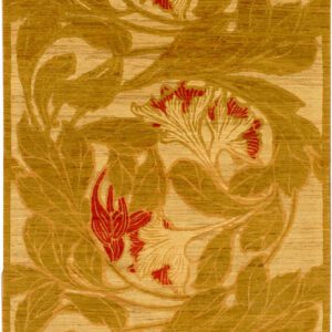 Green leaves and vines with bright red flowers curl in this wool Art Nouveau Persian carpet from Orley Shabahang, Gliding.