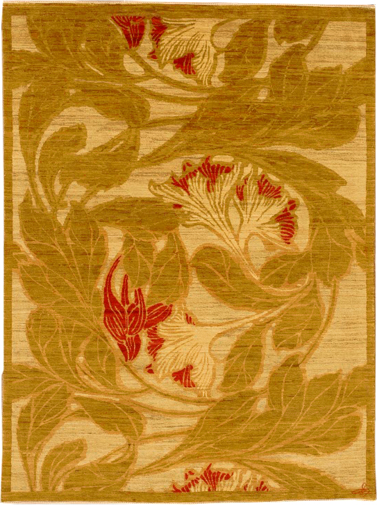 Green leaves and vines with bright red flowers curl in this wool Art Nouveau Persian carpet from Orley Shabahang, Gliding.