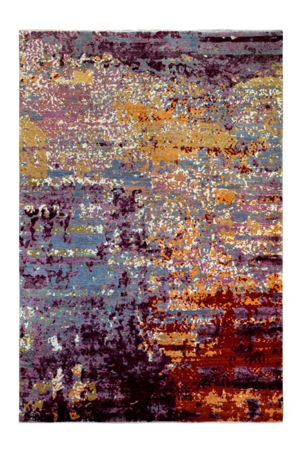 Ember 8' x 10' Abstract Persian carpet. Hand knotted in organic, vegetable dyed wool of purple, red, blue, green, yellow.