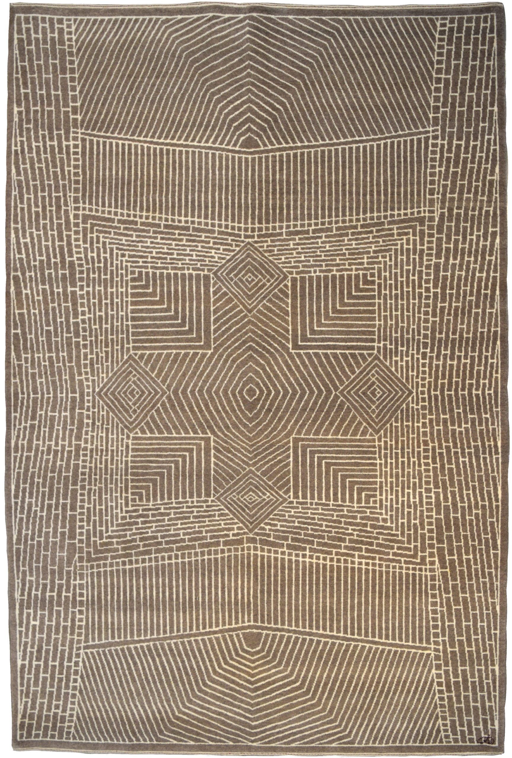 Hand-knotted architectural Persian carpet in organic brown and cream wool.