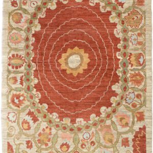 Hand-knotted 4x6 Persian wool rug featuring a terracotta red central medallion with scrolling floral vines and a decorative border in sage green, cream, and soft gold.