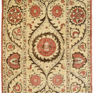 Hand-knotted transitional Persian rug in shades of cream, red, and brown.