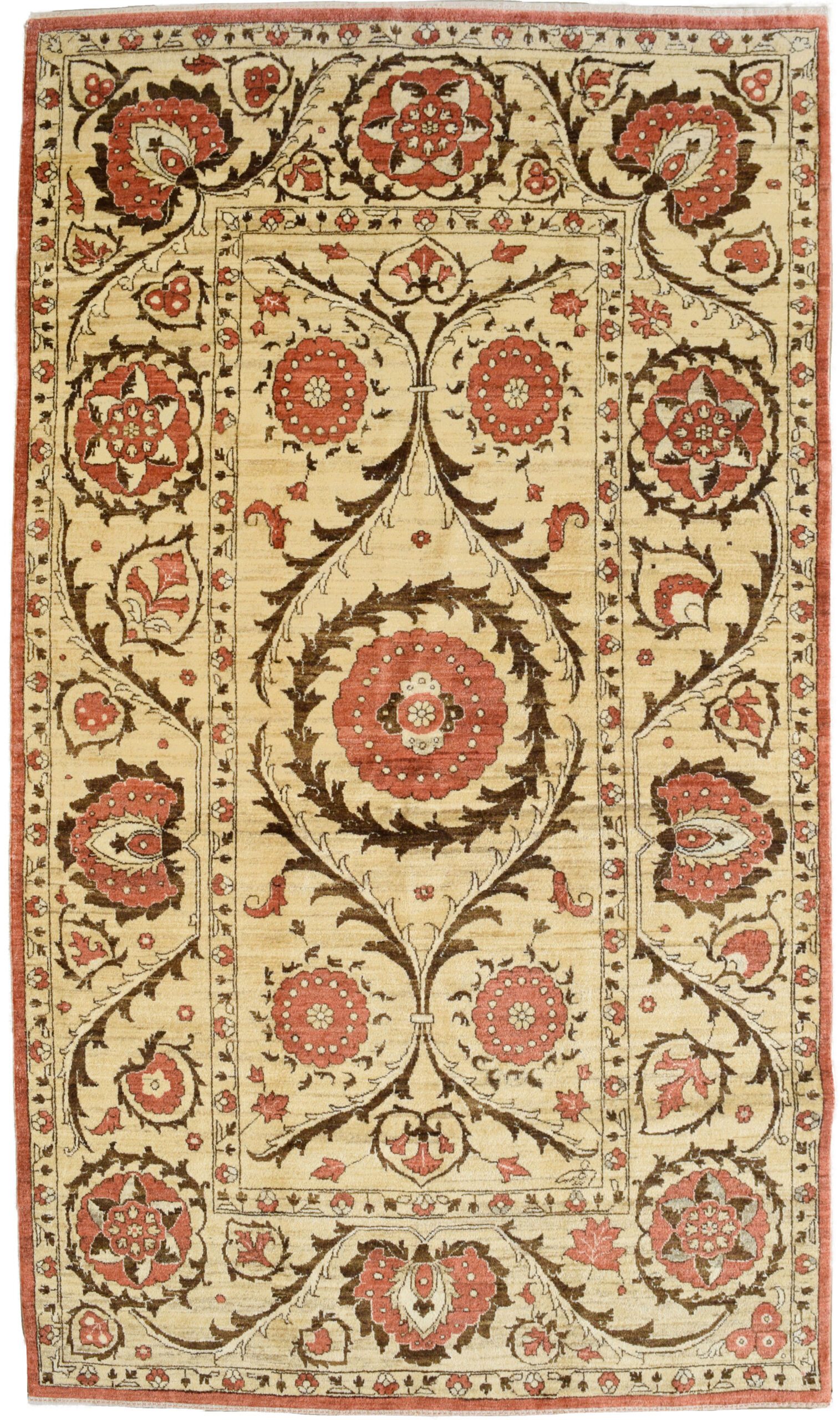 Hand-knotted transitional Persian rug in shades of cream, red, and brown.