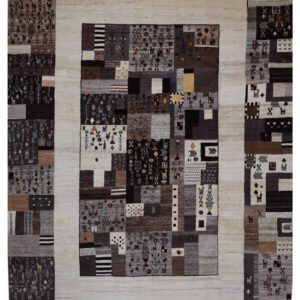 Hand knotted wool Persian carpet, neutral colors, tribal, measuring 9x12.