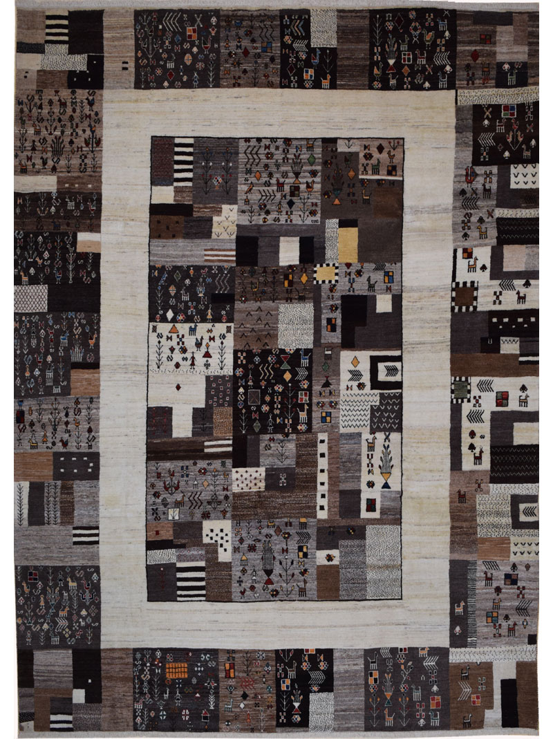 Hand knotted wool Persian carpet, neutral colors, tribal, measuring 9x12.