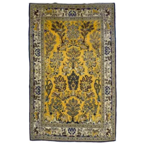 Semi-antique hand-knotted Ghom Persian carpet in yellow, blue, and cream wool.