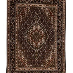 Hand-knotted Persian rug with intricate floral medallion design in brown, ivory, taupe, and espresso wool tones.