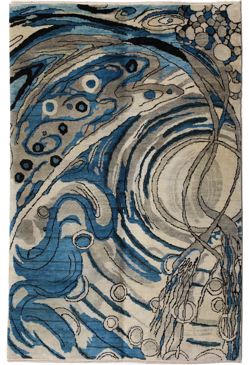 4x6 abstract hand-knotted carpet in blue and gray wool.