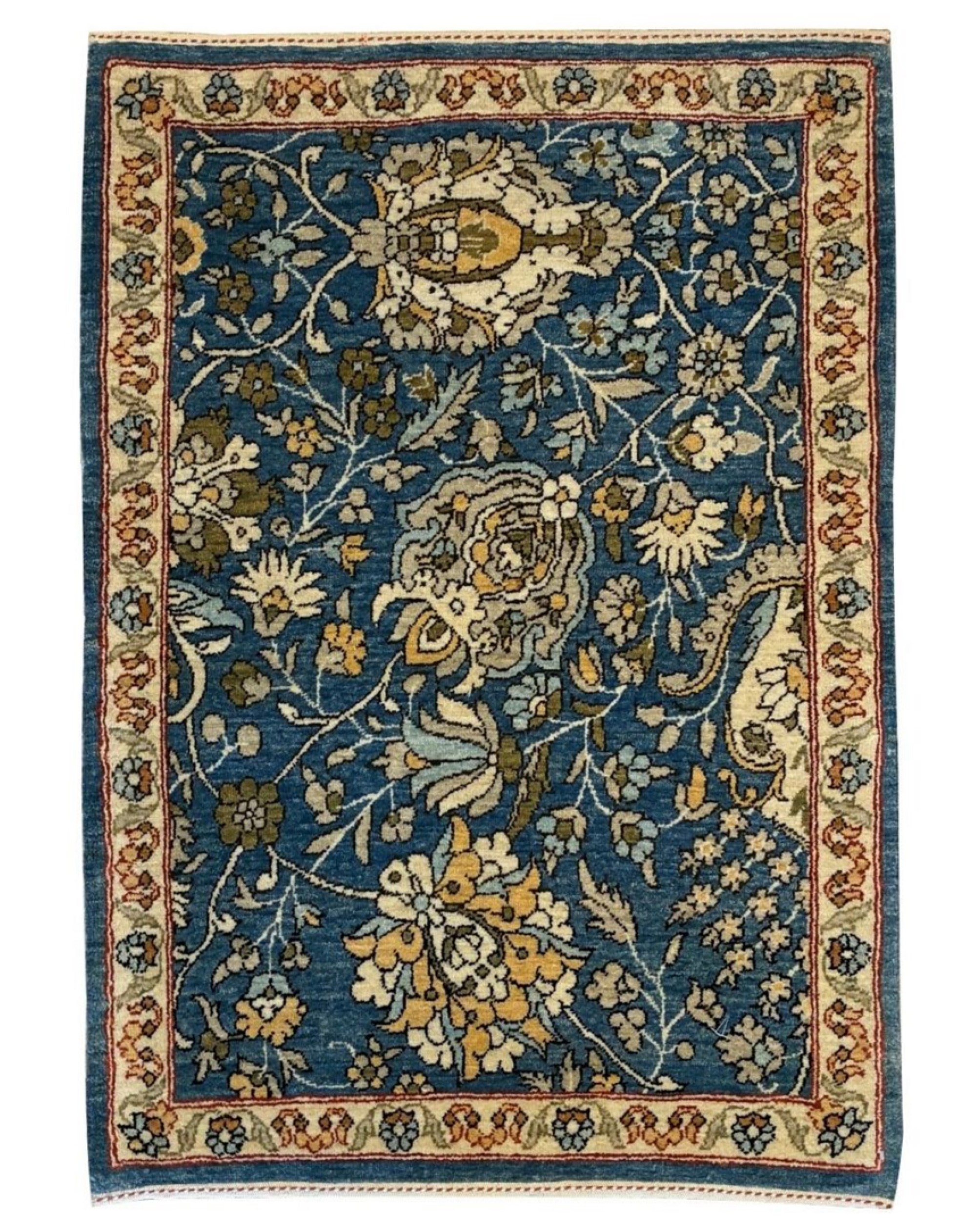 2x3 hand-knotted blue floral wool Persian rug