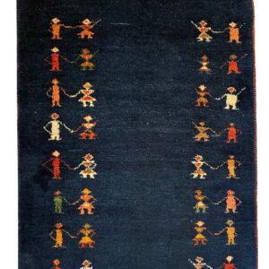 Vintage 1990s hand-knotted 3x4 Gabbeh rug with colorful figural motifs arranged across a deep indigo blue field.