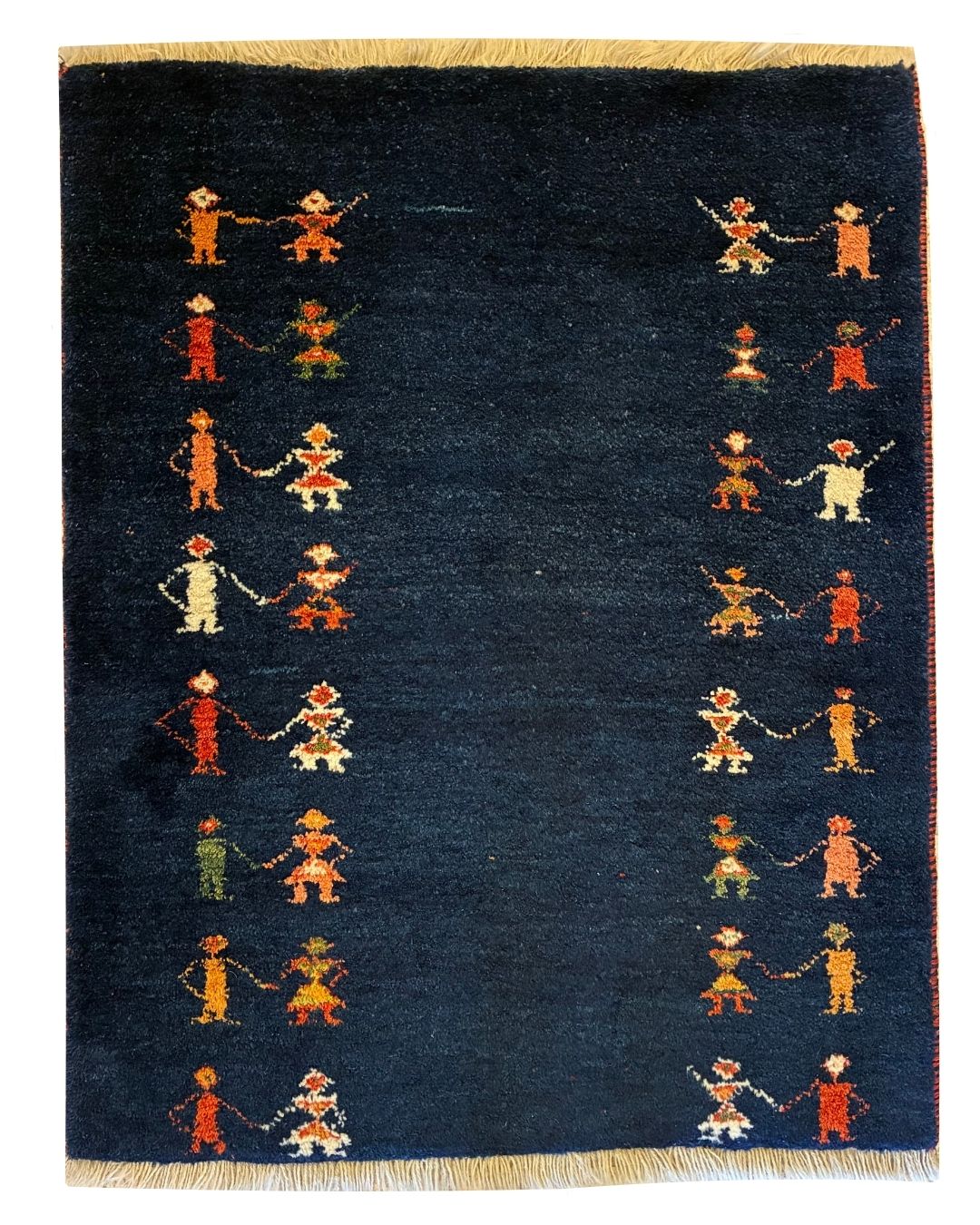 Vintage 1990s hand-knotted 3x4 Gabbeh rug with colorful figural motifs arranged across a deep indigo blue field.
