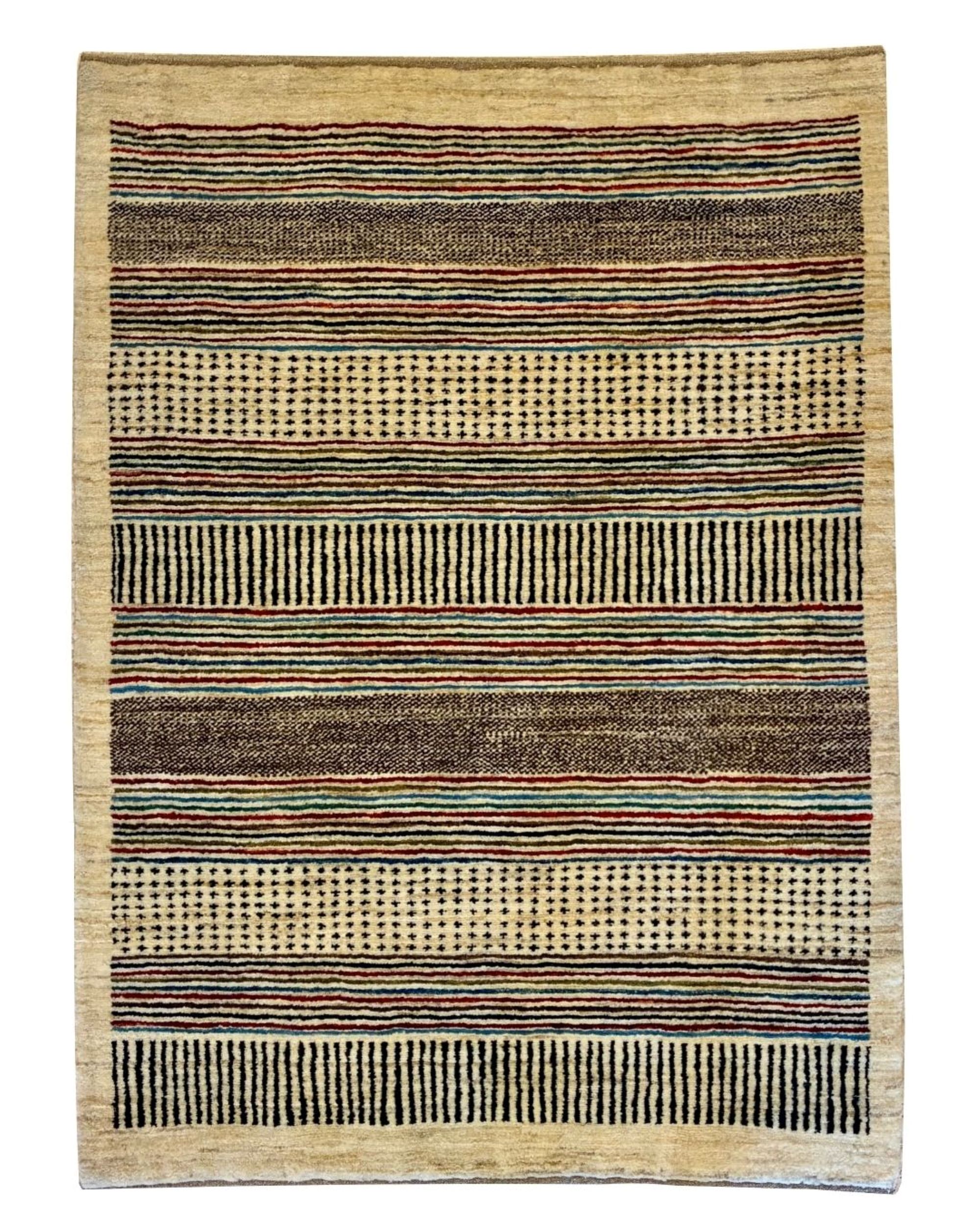 3x4 modern tribal rug in cream, red, blue, green, black, and brown wool.