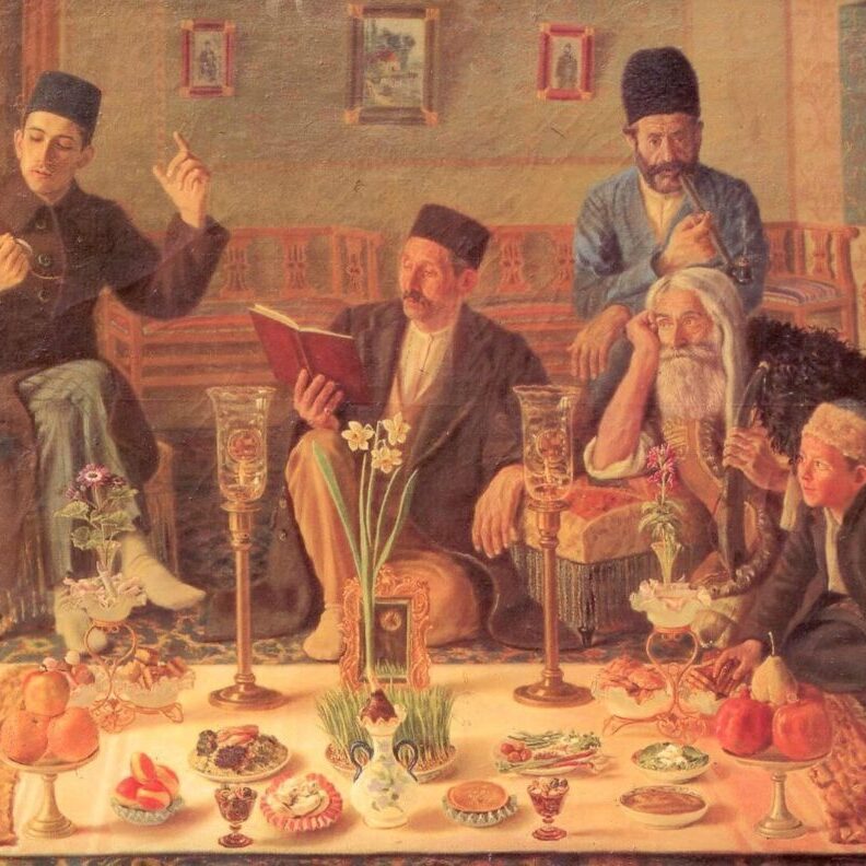 a group of men sitting around a sofreh haftseen