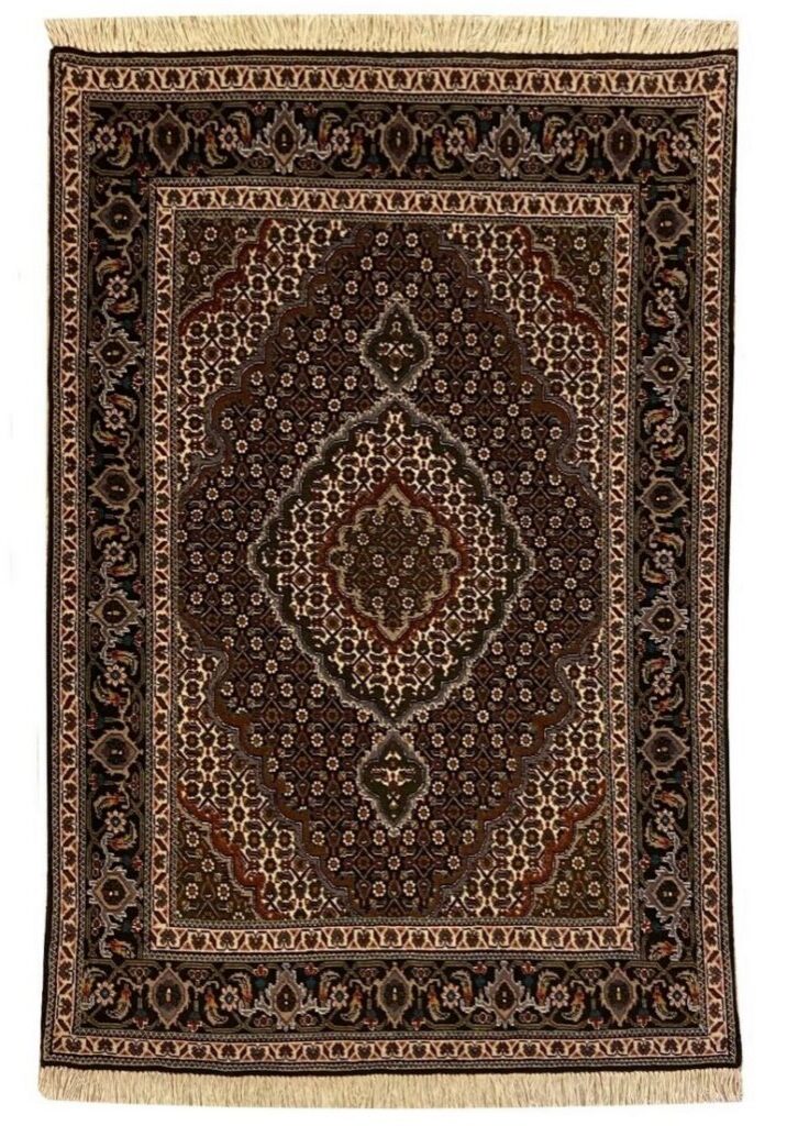 Hand-knotted Persian rug with intricate floral medallion design in brown, ivory, taupe, and espresso wool tones.