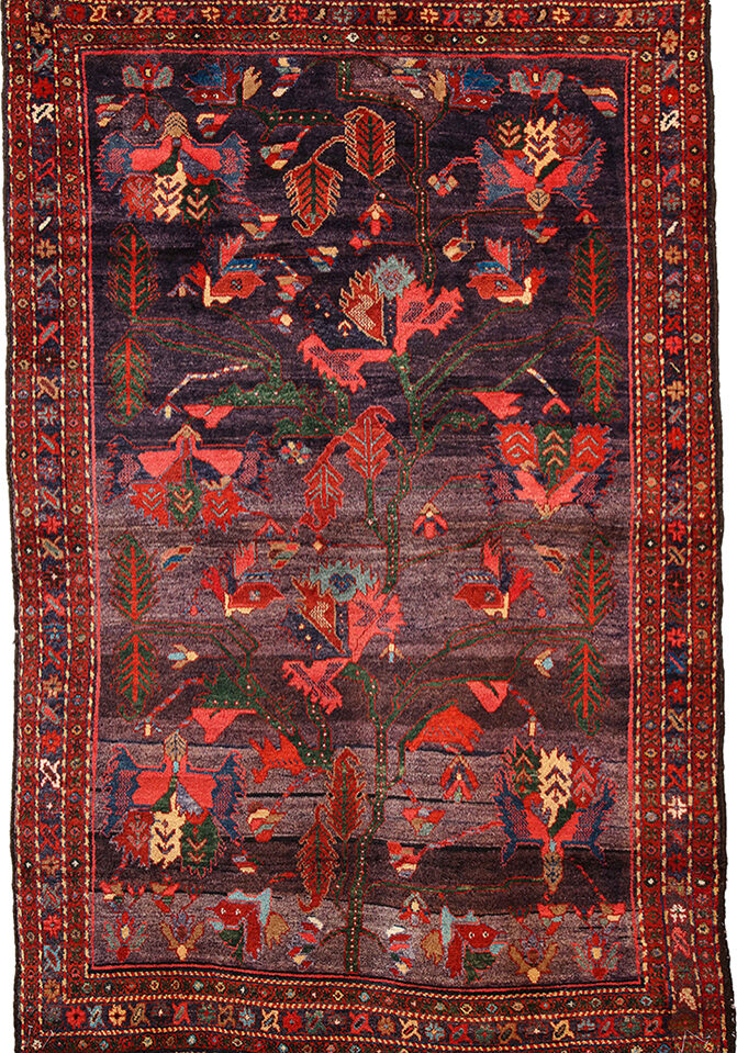 Antique Saveh Area Rug Tree of Life Persian Handknotted in Blue Green Red and Pink