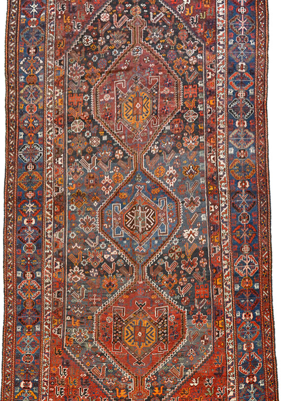 Antique Qashqai Neriz Persian Pure Wool Area Rug Red Blue Gold