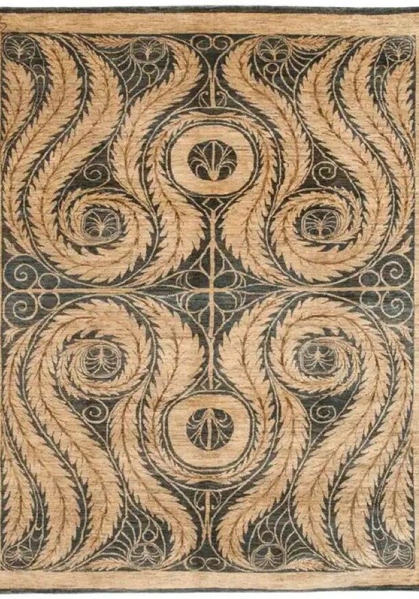Arts and crafts style Persian carpet measuring 8' x 10'. Carpet is hand knotted in organic wool. Beautiful blue and cream wool.