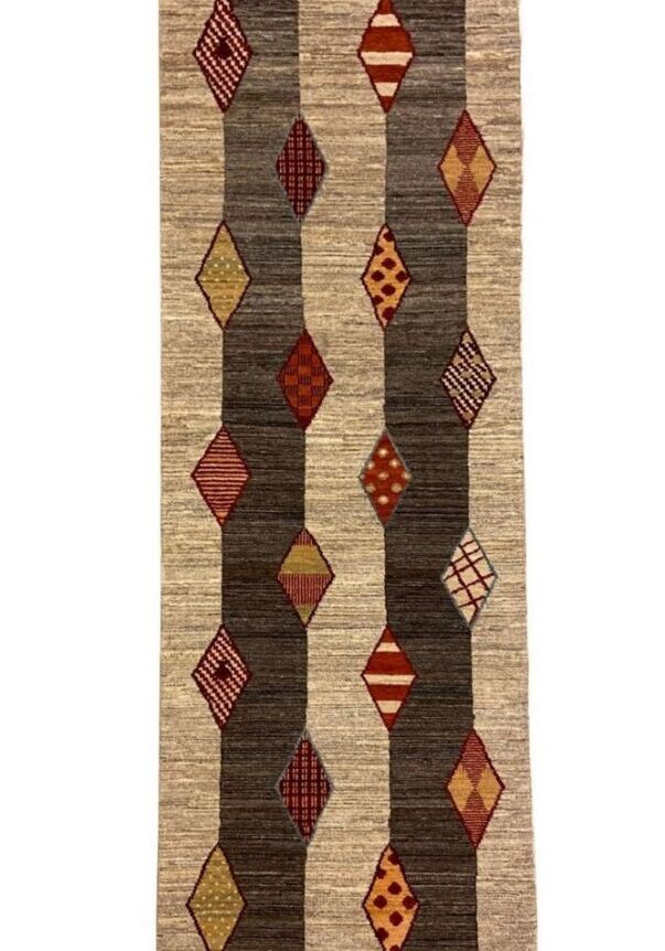 Hand-knotted 2x6 wool runner in shades of gray, red, and orange.