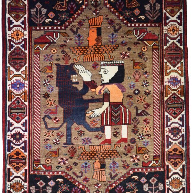 3' x 5' Persian Qashqai Carpet Featuring King Bahram vs. The Lion Overall Photo