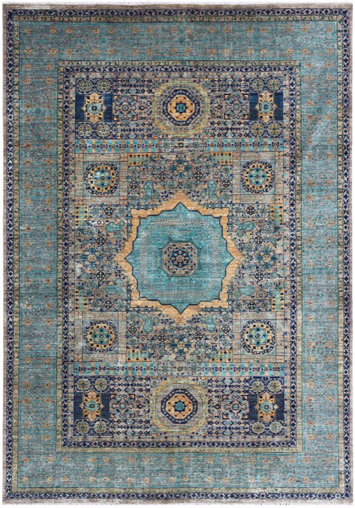 Hand-knotted Aqua Blue, Gray, and Gold Mumluk Carpet - 6'8"x9'8"