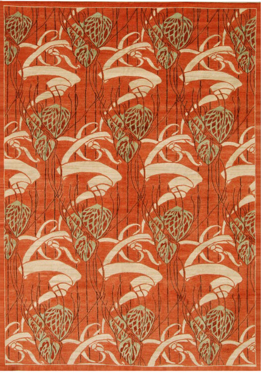 10' X 14' Red, cream, and orange contemporary art nouveau Persain carpet. Hand knotted with organic wool.