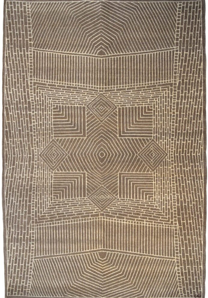 Hand-knotted architectural Persian carpet in organic brown and cream wool.